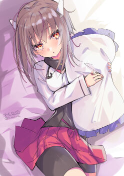 1girl absurdres bike_shorts blush breasts brown_eyes brown_hair commentary_request corset flat_chest hair_between_eyes headband headgear highres hizaka indoors kantai_collection long_sleeves looking_at_viewer lying on_bed pillow pleated_skirt red_skirt short_hair shorts shorts_under_skirt signature skirt small_breasts solo taihou_(kancolle) twitter_username