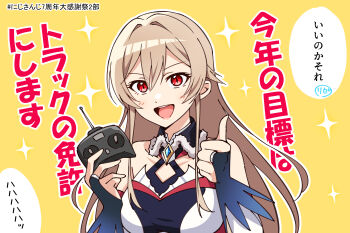 1girl absurdres bare_shoulders breasts brown_hair collarbone commentary controller furen_e_lustario furen_e_lustario_(1st_costume) hair_between_eyes hair_intakes halterneck highres holding holding_controller kougi_hiroshi large_breasts long_hair looking_at_viewer nijisanji red_eyes simple_background solo sparkle speech_bubble symbol-only_commentary thumbs_up translation_request upper_body v-shaped_eyebrows virtual_youtuber yellow_background