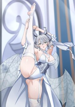 1girl absurdres armpits blurry blurry_background breasts cleavage cowboy_shot demon_girl demon_horns demon_wings dress drill_hair duel_monster grey_eyes grey_hair highres horns large_breasts leotard lovely_labrynth_of_the_silver_castle low_wings multiple_wings pointy_ears soles solo split standing standing_on_one_leg standing_split strapless strapless_dress teef thighhighs transparent_wings twin_drills variant_set white_dress white_leotard white_thighhighs white_wings wings yu-gi-oh!