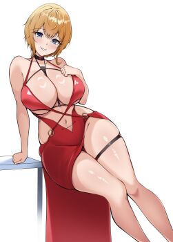Rule 34 | 1girl, alternate breast size (larger), alternate costume, blonde hair, blue eyes, breasts, choker, cleavage, clothing cutout, cosplay, curvy, dress, goddess of victory: nikke, highres, huge breasts, looking at viewer, maxwell (nikke), navel, navel cutout, red dress, red hood (nikke), red hood (nikke) (cosplay), red hood (nonsense red) (nikke), short hair, solo, strapless, strapless dress, thick thighs, thighs, white background, zeropen