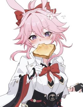 1girl absurdres animal_ears asymmetrical_gloves black_gloves blush bow bowtie bread bread_slice collared_shirt commentary_request cropped_jacket evanescia_(honkai:_star_rail) flower food food_in_mouth gloves hair_between_eyes hair_flower hair_ornament hands_up highres honkai:_star_rail honkai_(series) jacket long_sleeves looking_at_viewer mismatched_gloves pink_flower pink_hair purple_eyes red_bow red_bowtie shirt short_hair_with_long_locks solo torein_(and_rain3) upper_body white_gloves white_jacket white_shirt