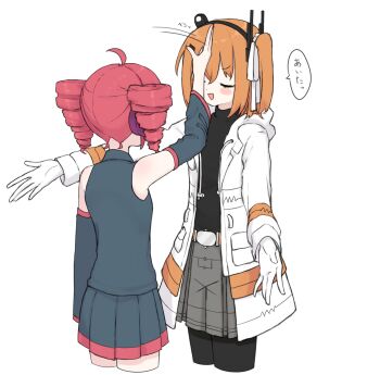 2girls a.i._voice absurdres adachi_rei arms_up black_pantyhose black_shirt black_skirt black_sleeves blush chop collared_shirt cowboy_shot detached_sleeves drill_hair grey_skirt hair_ornament hair_ribbon headlamp headphones highres jacket kasane_teto kasane_teto_(utau) multiple_girls open_clothes open_jacket orange_hair pantyhose red_hair red_trim ribbon shirai_sahuni shirt skirt skirt_set sleeveless sleeveless_shirt smile utau