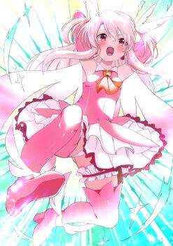 1girl absurdres blush boots breasts commentary_request fate/grand_order fate/kaleid_liner_prisma_illya fate_(series) feather_hair_ornament feathers hair_ornament highres illyasviel_von_einzbern loli long_hair open_mouth panties pantyshot pink_boots pink_feathers prisma_illya red_eyes small_breasts solo underwear user_kdhu8377 white_hair