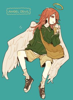 1boy absurdres androgynous angel_devil_(chainsaw_man) angel_wings aqua_background bag black_shoes brown_bag brown_eyes brown_hair chainsaw_man character_name feathered_wings floating full_body gohanysu green_jacket hair_between_eyes halo highres holding holding_ice_cream_cone ice_cream_cone jacket long_hair male_focus parted_lips shirt shoes shorts shoulder_bag sneakers socks solo white_shirt white_socks white_wings wings yellow_shorts