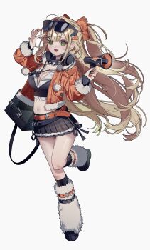 0_o_s_k 1girl :d bag belt black_boots black_skirt black_socks blunt_bangs blush boots bow breasts brown_hair cleavage commentary commission crop_top eyewear_on_head fang full_body fur-trimmed_jacket fur-trimmed_sleeves fur_boots fur_trim green_eyes hair_bow hair_ornament hairclip headphones headphones_around_neck highres jacket kneehighs large_breasts long_hair long_sleeves midriff navel open_clothes open_jacket open_mouth orange_belt orange_bow orange_jacket original plaid_clothes plaid_skirt pleated_skirt simple_background skirt smile socks solo standing standing_on_one_leg sunglasses white_background