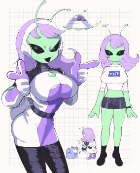 1girl :3 alien belt bike_shorts black_eyes black_pantyhose black_shorts breasts casual colored_skin cowboy_shot crop_top cropped_shirt double_finger_gun dress finger_gun flying_saucer full_body gloves green_skin hands_up headphones highres inkerton-kun large_breasts long_hair multicolored_dress multicolored_gloves multiple_views open_mouth original pantyhose pencil_dress pointing pointing_at_viewer purple_dress purple_gloves purple_hair shirt short_dress short_shorts shorts smile socks solid_eyes solo solo_focus spacecraft three-quarter_sleeves two-tone_gloves ufo v-shaped_eyebrows watch white_dress white_gloves white_shirt wristwatch