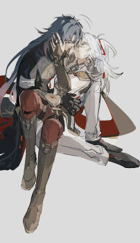 blade_(honkai:_star_rail) blue_hair boots chinese_clothes full_body grey_background hair_over_one_eye hands_on_another&#039;s_face highres honkai:_star_rail honkai_(series) jing_yuan long_hair looking_at_another lying lying_on_person male_focus mississipping multiple_boys on_floor pants parted_bangs ponytail red_ribbon ribbon simple_background sitting sitting_on_person white_hair yaoi yellow_eyes