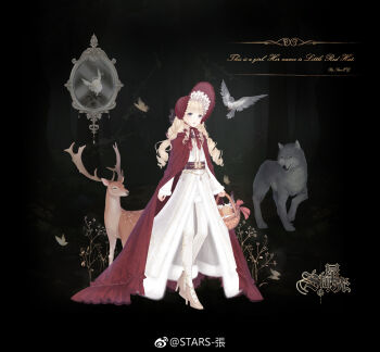 1girl artist_name basket belt bird black_background blonde_hair blue_eyes blunt_bangs bonnet bow bowtie bread brown_belt brown_footwear bug butterfly cloak coat collared_shirt cross-laced_footwear deer drill_hair english_text eyelashes food forest frilled_cloak frilled_headwear full_body fur-trimmed_coat fur-trimmed_shorts fur-trimmed_sleeves fur_trim high_heels highres holding holding_basket insect lace-trimmed_headwear lace_trim little_red_riding_hood_(fairy_tale) little_red_riding_hood_(fairy_tale_character) long_hair long_sleeves looking_at_viewer miracle_nikki mirror nature nikki_(series) official_style open_mouth original pantyhose red_bonnet red_bow red_bowtie red_cloak shirt shorts sleeves_past_wrists solo standing stars_zhangzhang watermark weibo_watermark white_coat white_pantyhose white_shirt white_shorts wolf