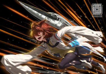 1girl agnes_tachyon_(tach-nology)_(umamusume) agnes_tachyon_(umamusume) ahoge animal_ears black_necktie black_shirt breasts brown_hair brown_pantyhose brown_tail buttons chemical_structure clenched_teeth collared_shirt commentary_request earrings full_body horse_ears horse_girl horse_tail jewelry lab_coat math medium_breasts medium_hair messy_hair necktie open_mouth pantyhose qr_code red_eyes running shirt short_necktie single_earring sleeves_past_fingers sleeves_past_wrists solo striped_clothes sweater_vest tail teeth test_tube test_tube_holster tom-neko_(zamudo_akiyuki) twitter_username umamusume white_necktie white_shirt wide_sleeves xb-70 yellow_sweater_vest