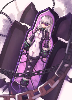 Rule 34 | 1girl, absurdres, blindfold, bodysuit, bound, bound legs, braid, breasts, chain, coffin, commentary request, cosplay, crown braid, daphne (re:zero), daphne (re:zero) (cosplay), emilia (re:zero), grey hair, highres, justjast, long hair, low twin braids, partial commentary, pointy ears, re:zero kara hajimeru isekai seikatsu, simple background, solo, twin braids