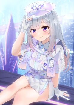 1girl absurdres amane_kanata amane_kanata_(heavenly_guard_mission) angel_wings bare_legs blue_eyes blue_hair blue_nails blurry blurry_background center_frills chest_harness city cityscape collared_shirt colored_inner_hair commentary_request cropped_jacket domodfg feathered_wings flat_chest frills gloves gradient_hair grey_hair harness hat high-waist_skirt highres hololive jacket long_hair multicolored_hair necktie official_alternate_costume official_alternate_hairstyle one_side_up open_clothes open_jacket partially_fingerless_gloves peaked_cap pink_hair quilted_clothes science_fiction shirt short_sleeves shuriken sitting skirt sleeveless sleeveless_shirt smile socks solo streaked_hair swept_bangs virtual_youtuber weapon white_gloves white_necktie white_shirt white_skirt wing_collar wings zipper_skirt