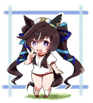 1girl animal_ears beer_hsk beret blue_ribbon brown_hair buruma chibi full_body gym_shirt gym_uniform hair_between_eyes hair_ribbon hat horse_ears horse_girl horse_tail long_hair multicolored_hair outline puffy_short_sleeves puffy_sleeves purple_eyes red_buruma red_shoes ribbon shirt shoes short_sleeves socks solo standing streaked_hair tail twintails umamusume very_long_hair vivlos_(umamusume) white_background white_hair white_hat white_outline white_shirt white_socks