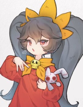 1girl :o ashley_(warioware) black_hair dress ebichi_(mon600n) hair_between_eyes hairband highres holding holding_stuffed_toy long_hair long_sleeves looking_at_viewer neckerchief nintendo open_mouth orange_hairband orange_neckerchief red_dress red_eyes skull_brooch solo stuffed_animal stuffed_rabbit stuffed_toy twintails very_long_hair warioware white_background