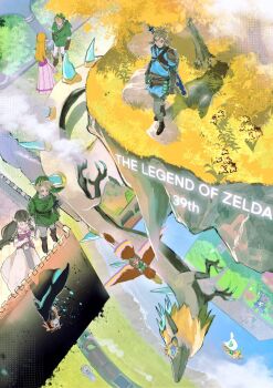 anniversary blonde_hair boat brown_hair champion&#039;s_tunic_(zelda) claws copyright_name dragon eastern_dragon floating floating_island flower ghost green_tunic light_dragon_(zelda) link long_hair master_sword midna midna_(true) multiple_persona nintendo pointy_ears princess_zelda ravio sail scabbard sheath spines sword sword_on_back the_king_of_red_lions the_legend_of_zelda the_legend_of_zelda:_a_link_between_worlds the_legend_of_zelda:_ocarina_of_time the_legend_of_zelda:_skyward_sword the_legend_of_zelda:_spirit_tracks the_legend_of_zelda:_tears_of_the_kingdom the_legend_of_zelda:_the_wind_waker the_legend_of_zelda:_twilight_princess togenasi_furiko toon_link toon_zelda train tree tunic water watercraft weapon weapon_on_back
