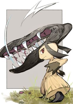 1other big_hair black_hair black_skin border closed_mouth colored_skin extra_mouth from_side full_body gen_3_pokemon grass grey_background hand_up heel_up highres hiranko living_hair long_hair looking_at_viewer mawile multicolored_skin nintendo open_mouth other_focus outside_border pokemon pokemon_(creature) ponytail profile saliva serious sharp_teeth sidelocks solo standing teeth thick_thighs thighs two-tone_skin very_long_hair white_border yellow_skin