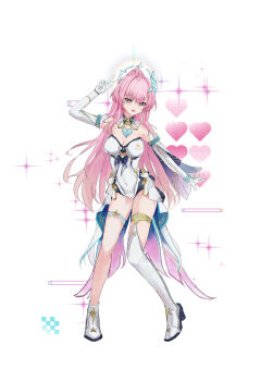 1girl absurdres aemeath_(wuthering_waves) arm_up bare_shoulders breasts commentary covered_navel full_body gloves highres leotard long_hair medium_breasts mienpp pink_hair solo thighs white_background white_gloves white_leotard wuthering_waves