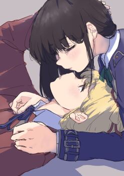 2girls black_hair blonde_hair blue_dress blush closed_eyes commentary_request daimyo0208 dress green_ribbon hand_on_another&#039;s_head highres inoue_takina long_hair long_sleeves lycoris_recoil lycoris_uniform multiple_girls neck_ribbon nishikigi_chisato parted_lips red_dress ribbon short_hair yuri