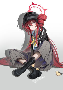 1girl absurdres alternate_hairstyle baby_animal bird black_boots black_jacket blue_archive blush boots chick combat_helmet drill_hair grey_sailor_collar grey_skirt grin hair_between_eyes halo helmet highres hxbdzj jacket lace-up_boots long_hair long_skirt looking_at_viewer neckerchief open_clothes open_jacket pleated_skirt rabu_(blue_archive) red_eyes red_hair red_halo sailor_collar shirt skirt smile solo twin_drills very_long_hair white_shirt yellow_neckerchief