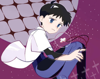 Rule 34 | 1boy, black hair, blue eyes, blush, closed mouth, cross, cross necklace, feet out of frame, floating neckwear, hairpods, highres, ikari shinji, jewelry, male focus, mecha pilot suit, necklace, neon genesis evangelion, plugsuit (evangelion), purple background, shirt, short hair, solo, tanba (tanba-art), white shirt