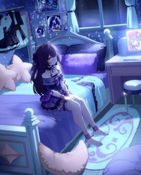 1girl absurdres ankle_cuffs artist_request barefoot bed bedroom black_collar bound bound_ankles bow bowtie chinese_commentary closed_mouth collar commentary_request commission cool_colored cuffs curtains desk detached_collar dress from_side full_body handcuffs headboard highres indoors monitor night off-shoulder_dress off_shoulder on_bed original parted_bangs picture_frame purple_bow purple_bowtie purple_dress purple_eyes purple_hair raised_inner_eyebrows restrained rug second-party_source short_sleeves sitting solo star-shaped_pillow star_(symbol) stool thigh_strap tiara tied_up_(nonsexual) unworn_clothes window