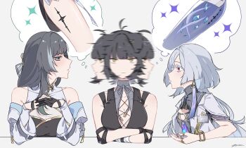 3girls absurdres baizhi_(wuthering_waves) bare_shoulders black_gloves black_hair breasts closed_mouth colored_eyelashes commentary_request cross-laced_clothes cross-laced_top crossed_arms elbow_pads female_rover_(wuthering_waves) gloves grey_hair highres interlocked_fingers kazuna_ys large_breasts legs looking_at_another mornye_(wuthering_waves) multiple_girls red_eyes rover_(wuthering_waves) scene_reference tacet_mark_(wuthering_waves) the_weaker_sex_1_(gibson) wuthering_waves yellow_eyes