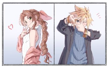 1boy 1girl aerith_gainsborough bangle bare_shoulders bervens12 black_jacket blonde_hair blue_eyes blue_shirt border bracelet braid braided_ponytail breasts brown_hair cloud_strife dress earrings final_fantasy final_fantasy_vii final_fantasy_vii_rebirth final_fantasy_vii_remake gradient_background green_eyes hair_between_eyes hair_ribbon jacket jacket_partially_removed jewelry light_blush long_hair looking_at_another medium_breasts one_eye_closed parted_bangs pink_jacket pink_ribbon ribbon shared_clothes shirt short_hair sidelocks single_braid single_earring sleeveless sleeveless_turtleneck smile spiked_hair turtleneck turtleneck_dress upper_body waving white_border white_dress