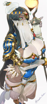 1girl absurdres arm_wrap armlet armor bandaged_arm bandages black_hair blue_armor bracelet breastplate breasts bridal_gauntlets circlet covered_navel dark-skinned_female dark_skin facial_mark fate/grand_order fate_(series) forehead_jewel gold_trim green_eyes hat highres jewelry large_breasts long_hair looking_at_viewer mouth_veil parted_bangs pauldrons pelvic_curtain ring scheherazade_(fate) scheherazade_(first_ascension)_(fate) scroll see-through_cleavage see-through_clothes shoulder_armor sideboob solo staff thighlet thighs tonko_from veil white_hat