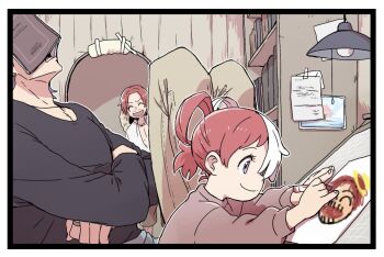 1girl 2boys ^_^ book building_snake child closed_eyes commentary_request crossed_arms facial_hair hair_over_one_eye hat multiple_boys mustache one_piece one_piece_film:_red open_mouth pink_sweater purple_eyes red_hair shanks_(one_piece) sleeping smile straw_hat sweater tanaka_(tanakya123) uta_(one_piece) white_hair