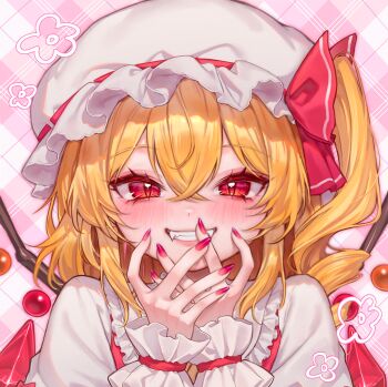 1girl absurdres blonde_hair blush bow collared_shirt commentary crystal crystal_wings drill_hair fang flandre_scarlet frilled_shirt_collar frills grin hat hat_bow highres long_hair looking_at_viewer mob_cap multicolored_wings one_side_up portrait qiu_ju red_bow red_eyes red_nails red_vest shirt slit_pupils smile solo symbol-only_commentary touhou vest white_hat white_shirt wings wrist_cuffs