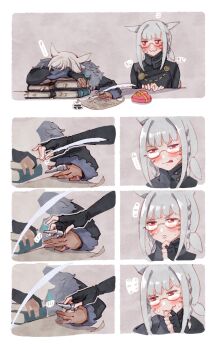 2girls absurdres animal_ears artist_self-insert biting blush book box cat_ears cat_girl claw_ring comic dark-skinned_female dark_skin dress facial_mark final_fantasy final_fantasy_xiv biting_finger fingerless_gloves fur-trimmed_dress fur_trim gloves grey_hair heart-shaped_box highres hjz_(artemi) holding holding_quill inkwell looking_at_another miqo'te multiple_girls nervous_smile quill red_eyes short_hair sleeping smile tongue tongue_out warrior_of_light_(ff14) whisker_markings y'shtola_rhul