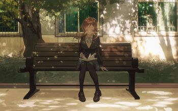 1girl absurdres axleaki bench black_jacket black_pantyhose black_shoes blazer blue_ribbon blue_skirt book book_on_lap breasts brown_hair building closed_eyes collared_shirt dappled_sunlight dress_shirt floating_hair gakuen_idolmaster grass hair_bun hatsuboshi_gakuen_school_uniform highres himesaki_rinami idolmaster jacket knees_together_feet_apart large_breasts loafers long_sleeves neck_ribbon on_bench outdoors pantyhose parted_lips pleated_skirt ribbon school_uniform shirt shoes side_up_bun single_side_bun sitting skirt solo sunlight sweater sweater_vest tree tree_shade vest white_shirt wide_shot wind window wooden_bench yellow_sweater yellow_sweater_vest yellow_vest