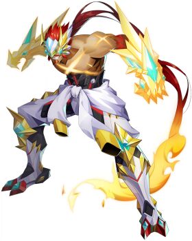 Rule 34 | 1boy, armor, bandai, digimon, digimon (creature), digimon new century, facial hair, fiery hair, gankoomon, gankoomon x-antibody, gauntlets, grin, impossible clothes, manly, mask, muscular, mustache, official art, petals, ponytail, red hair, scar, smile, transparent background