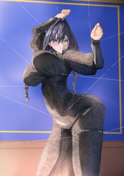 1girl absurdres arched_back arms_up bdsm between_breasts black_dress black_hair blue_eyes blush bondage bound bound_thighs bound_torso bound_wrists braid braided_twintails breasts commentary contrapposto curvy daaku_(koizumi_arata) dress embarrassed embroidered_dress embroidery empire_waist english_commentary foot_out_of_frame hair_intakes highres hololive hololive_english indoors juliet_sleeves large_breasts long_dress long_hair long_legs long_sleeves looking_to_the_side low_twin_braids low_twintails narrow_waist no_apron no_headwear official_alternate_costume official_alternate_hairstyle ouro_kronii ouro_kronii_(maid) pleated_dress puffy_sleeves ribbon ribbon_bondage solo twin_braids twintails virtual_youtuber wide_hips