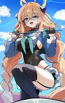 Rule 34 | 1girl, absurdres, aqua neckerchief, ass, black gloves, black leotard, blue archive, blue eyes, blue shrug, blue sky, braid, braided twintails, breasts, evil smile, fang, garter straps, glasses, gloves, half gloves, halo, highres, leotard, looking at viewer, neckerchief, official alternate costume, open mouth, orange hair, riding crop, sailor collar, sak (lemondisk), shimiko (blue archive), shimiko (magical) (blue archive), shrug (clothing), sideboob, sketch, sky, smile, solo, thighs