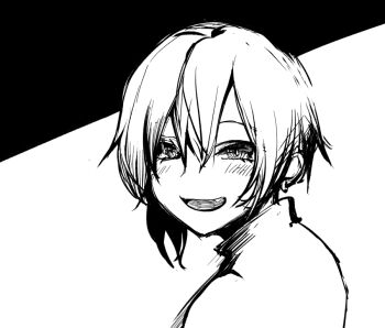 Rule 34 | 1girl, blush, commentary request, greyscale, hair between eyes, looking at viewer, looking to the side, monochrome, open mouth, original, sadahiro (chicken nugget gyuuniku aji), short hair, smile, solo