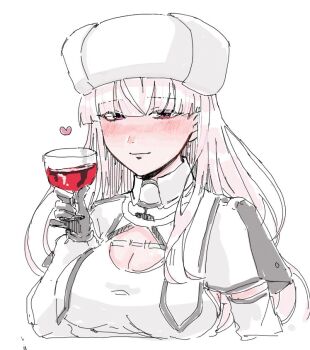 1girl alcohol black_gloves blunt_bangs blush breasts cleavage closed_mouth clothing_cutout cup drinking_glass gloves hagioshi hat heart holding holding_cup kantai_collection kirov_(kancolle) large_breasts long_hair long_sleeves looking_at_viewer nose_blush pink_hair red_eyes simple_background solo upper_body white_background white_hat wine wine_glass