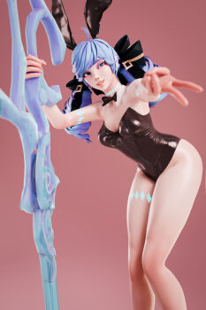 1girl 3d absurdres abuca11 ahoge animal_ears arm_tattoo bare_shoulders black_bow black_bowtie black_leotard blue_eyes blue_hair blurry body_markings bow bowtie breasts cleavage commentary depth_of_field detached_collar drill_hair english_commentary eyeshadow fake_animal_ears foreshortening grin groin gwen_(league_of_legends) gyaru_v hair_bow highleg highleg_leotard highres holding holding_scissors holding_weapon huge_weapon league_of_legends leaning_forward leaning_on_object leg_tattoo leotard long_hair looking_at_viewer low_twintails makeup medium_breasts mismatched_pupils neck_tattoo nostrils outstretched_arm pink_background pink_pupils planted playboy_bunny purple_eyeshadow rabbit_ears realistic ringlets scissors simple_background smile solo standing strapless strapless_leotard symbol-shaped_pupils tattoo traditional_bowtie twin_drills twintails v weapon wing_collar x-shaped_pupils