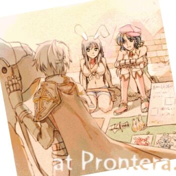 1boy 2girls animal_ears armor barding bird blacksmith_(ragnarok_online) blue_shorts boots breasts brown_cape cape closed_mouth commentary_request crop_top dagger gauntlets hat in-universe_location itsuki_(lqs) knife long_hair looking_at_another lord_knight_(ragnarok_online) medium_breasts merchant multiple_girls open_mouth pauldrons peco_peco photo_(object) pink_boots pink_hat potion rabbit_ears rabbit_girl ragnarok_online seiza sepia shirt short_hair shorts shoulder_armor sitting sleeveless sleeveless_shirt smile tied_shirt weapon white_shirt whitesmith_(ragnarok_online)