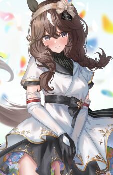 1girl absurdres ame_sagari animal_ears asymmetrical_gloves black_gloves black_skirt black_sweater blush bow bow_hairband braid braided_sidelocks breasts brown_hair closed_mouth commentary_request curren_bouquetd&#039;or_(umamusume) detached_sleeves dress ear_covers flower gloves grey_eyes hair_between_eyes hair_ornament hairband highres horse_ears horse_girl horse_tail long_braid long_hair looking_at_viewer low_twin_braids mismatched_ear_covers mismatched_gloves skirt smile solo sweater tail twin_braids umamusume white_dress white_gloves white_streaks