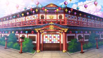 Rule 34 | architecture, azuma hatori, building, bush, cherry blossoms, cloud, crown (symbol), day, east asian architecture, flower, highres, lantern, no humans, official art, outdoors, paper lantern, pavement, pillar, pink flower, prince kingdom, railing, scenery, shouji, sign, sliding doors, tree, window, wooden lantern
