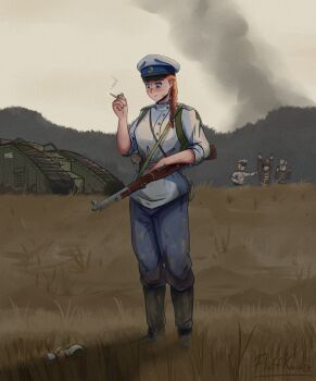 1girl 4girls assault_rifle belt black_footwear bolt_action braid broken_window burning burning_building closed_mouth colored_skin dirty dirty_clothes dirty_face field fire fluffkaiser forest freckles gun hat highres indoors jacket looking_at_another looking_at_object messy messy_hair military military_hat military_uniform military_vehicle mosin-nagant motor_vehicle multiple_girls nature original red_hair rifle russia russian_ground_forces russian_civil_war russian_clothes serious smoke smoking soviet_army strap tank twitter_username weapon white_hat white_jacket white_army white_skin window