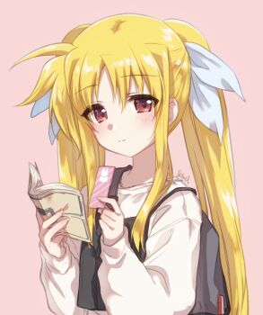 1girl bag black_bag book bookmark child closed_mouth fate_testarossa hair_between_eyes hair_ribbon highres holding holding_bag holding_book holding_bookmark kuroi_mimei light_smile long_hair long_sidelocks looking_at_viewer lyrical_nanoha mahou_shoujo_lyrical_nanoha open_book parted_bangs pink_background red_eyes ribbon sidelocks simple_background smile twintails upper_body white_ribbon