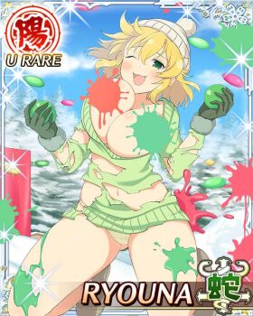 1girl :3 beanie blonde_hair border bouncing_breasts breasts card_(medium) character_name cleavage convenient_censoring game_cg gluteal_fold green_eyes green_panties green_sweater hat ink_splatter ink_stain jumping large_breasts legs_up masochism medium_hair messy_hair midair navel official_art open_mouth outdoors paintball panties pom_pom_(clothes) pom_pom_beanie ryouna_(senran_kagura) senran_kagura senran_kagura_new_wave skindentation smile snow snowball snowball_fight solo sweater third-party_source underwear