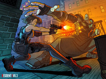 1boy 1girl afuchan black_gloves brown_hair commentary copyright_name elbow_gloves english_commentary fingerless_gloves firing gloves gun handgun holding holding_gun holding_weapon jill_valentine nemesis_(resident_evil) pants resident_evil resident_evil_3:_nemesis resident_evil_3_(remake) single_elbow_glove thigh_strap weapon