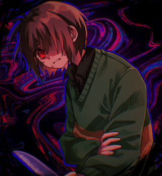 Rule 34 | 1other, absurdres, alternate skin color, black shirt, brown hair, commentary request, deltarune, green sweater, hair over one eye, hand on own arm, highres, holding, holding knife, knife, kris (deltarune), long sleeves, red eyes, shirt, short hair, signature, striped clothes, striped shirt, sweat, sweater, tears, teeth, twitter username, utdr (toby fox), yoshino (q sci)