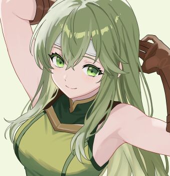 1girl armpits arms_up blush breasts brown_gloves closed_mouth dress elbow_gloves fire_emblem fire_emblem:_mystery_of_the_emblem fire_emblem:_shadow_dragon fire_emblem:_shadow_dragon_and_the_blade_of_light fire_emblem_echoes:_shadows_of_valentia gloves green_dress green_eyes green_hair headband highres large_breasts long_hair looking_at_viewer n_54 nintendo palla_(fire_emblem) simple_background sleeveless sleeveless_dress smile solo tying_hair upper_body