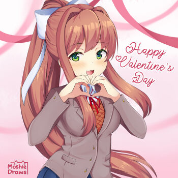 Rule 34 | 1girl, :3, :d, artist name, blazer, blue skirt, blurry, blurry background, blush, bow, breasts, brown hair, brown jacket, collared shirt, commentary, cursive, doki doki literature club, doki doki literature club school uniform, english text, green eyes, hair bow, hair intakes, hair ornament, hands up, happy valentine, heart, heart hands, high ponytail, jacket, lapels, long hair, long sleeves, looking at viewer, medium breasts, monika (doki doki literature club), moshiedraws, neck ribbon, open mouth, orange sweater vest, pink background, pink ribbon, pleated skirt, ponytail, red ribbon, ribbon, school uniform, shirt, skirt, smile, solo, sweater vest, upper body, valentine, very long hair, white bow, white shirt