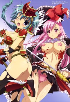 10s 2girls absurdres aqua_hair armor ascot ass bikini_armor blue_eyes boots bow bow_panties braid breasts captain_liliana elbow_gloves female_focus frilled_panties frills gloves hat helmet highleg highleg_leotard highres huge_ass ishibashi_yukiko jolly_roger large_breasts legs leotard long_hair matching_hair/eyes megami_magazine mirim moaning multiple_girls noguchi_takayuki official_art open_mouth panties pasties pink_eyes pink_hair pink_panties pirate pirate_hat pleated_skirt queen&#039;s_blade queen&#039;s_blade_rebellion rapier revealing_clothes scan shiny_skin side-tie_panties skirt skull_and_crossed_swords standing star_(symbol) star_pasties sword thighhighs thighs thong thong_leotard torn_clothes underwear very_long_hair weapon white_leotard white_panties wide_hips winged_helmet