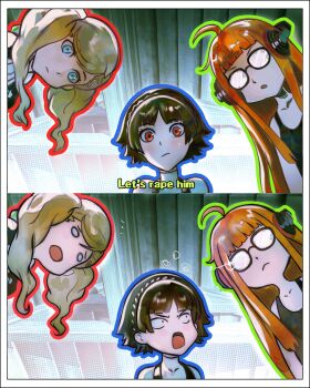 3girls black_tank_top blonde_hair blue_outline braid brown_hair carnival_phantasm chapinor crown_braid gasp glasses green_outline highres indoors looking_at_another looking_down multiple_girls niijima_makoto opaque_glasses orange_hair outline persona persona_5 red_eyes red_outline sakura_futaba scene_reference school_uniform short_hair shuujin_academy_school_uniform subtitled surprised takamaki_anne tank_top twintails upper_body