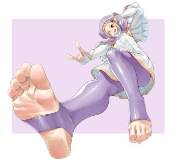1girl blonde_hair blush capcom detached_sleeves dress eiji_(eiji) feet full_body ingrid_(capcom) one_eye_closed open_mouth purple_background red_eyes smile soles street_fighter street_fighter_6 toeless_legwear w w_w